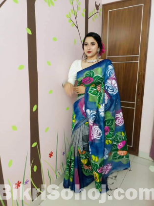 Half Silk Saree With Hand Print